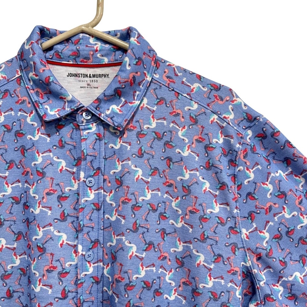 Johnston & Murphy Mens XL Flamingo Print Short Sleeve Button Up Shirt Blue Golf